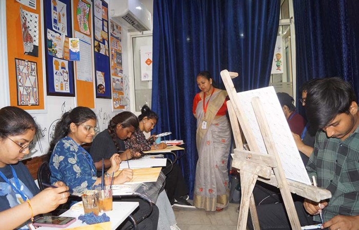 Promila Mam Monitoring the Students during Canvas Art Test