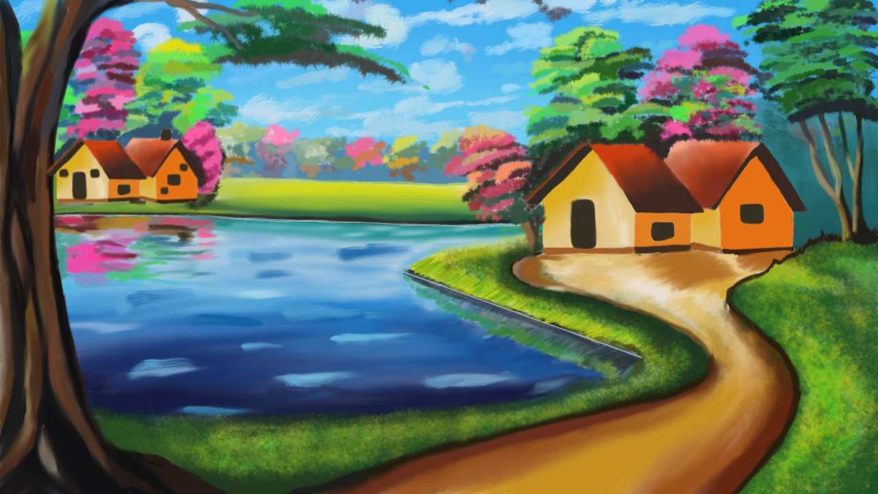 village digital painting in sketchbook